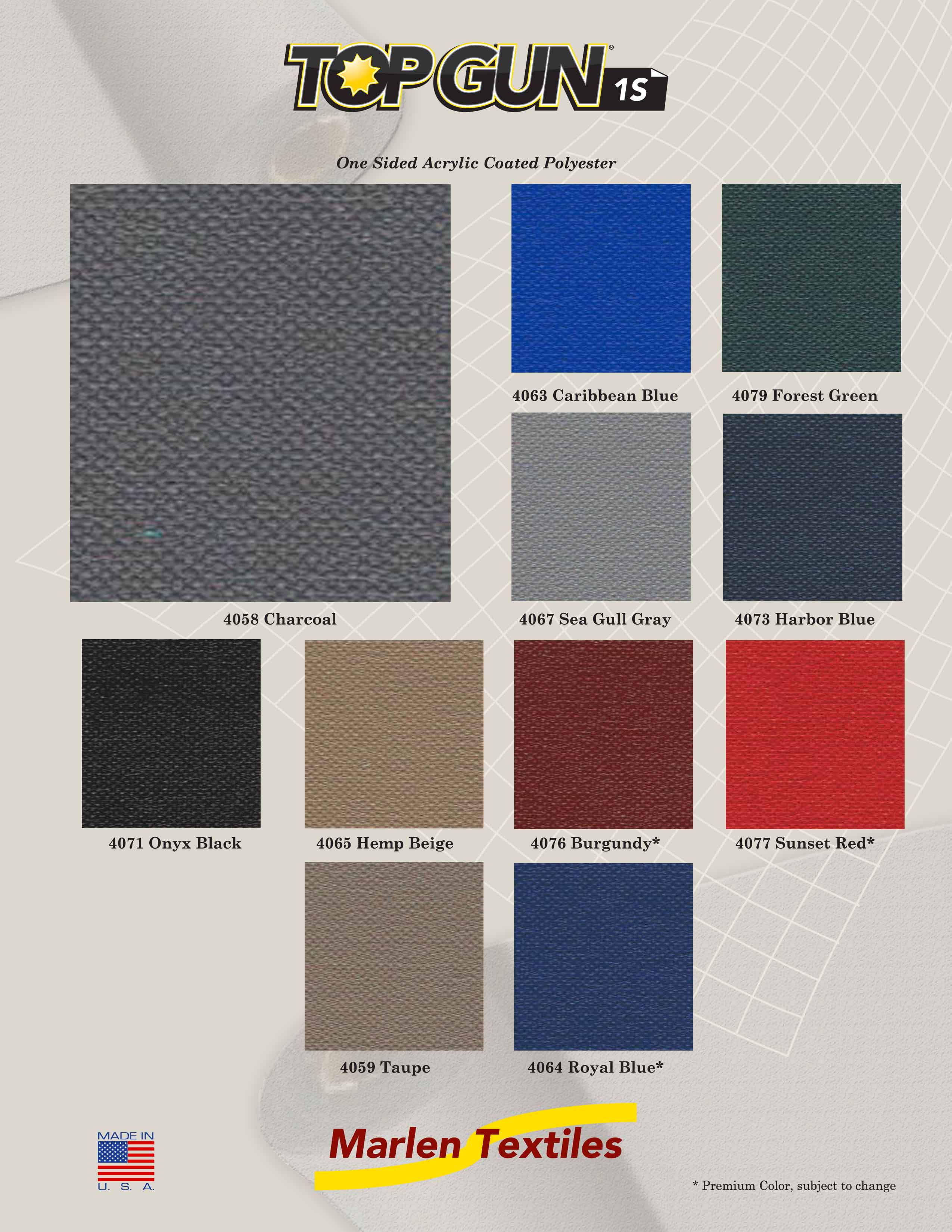 Marlen Textiles Top Gun 1S Acrylic Coated Polyester Fabric Colors